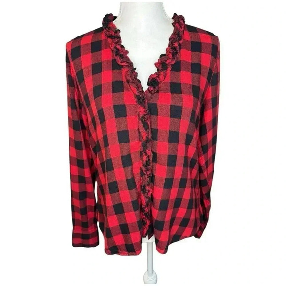 GAP Women’s Medium Red & Black Buffalo Check Plaid Button Down Top - Picture 2 of 8